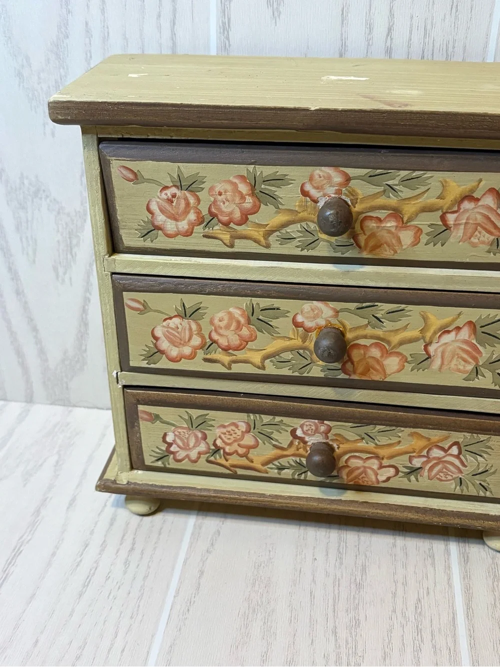 Vintage wooden jewelry box mini dresser floral cottage core